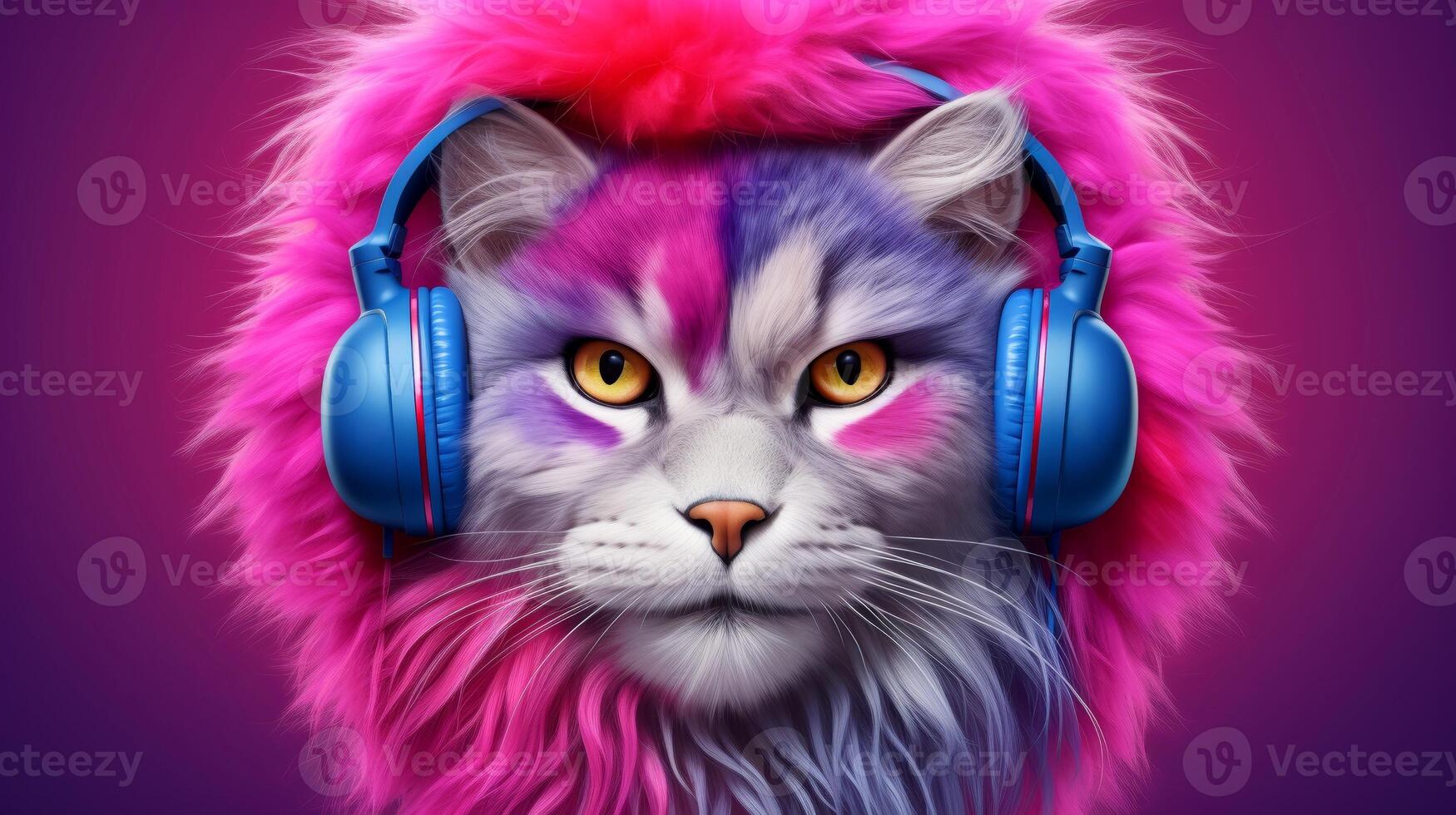 AI generated Stylish cat listening to music on colorful background with headphones, Generative AI photo