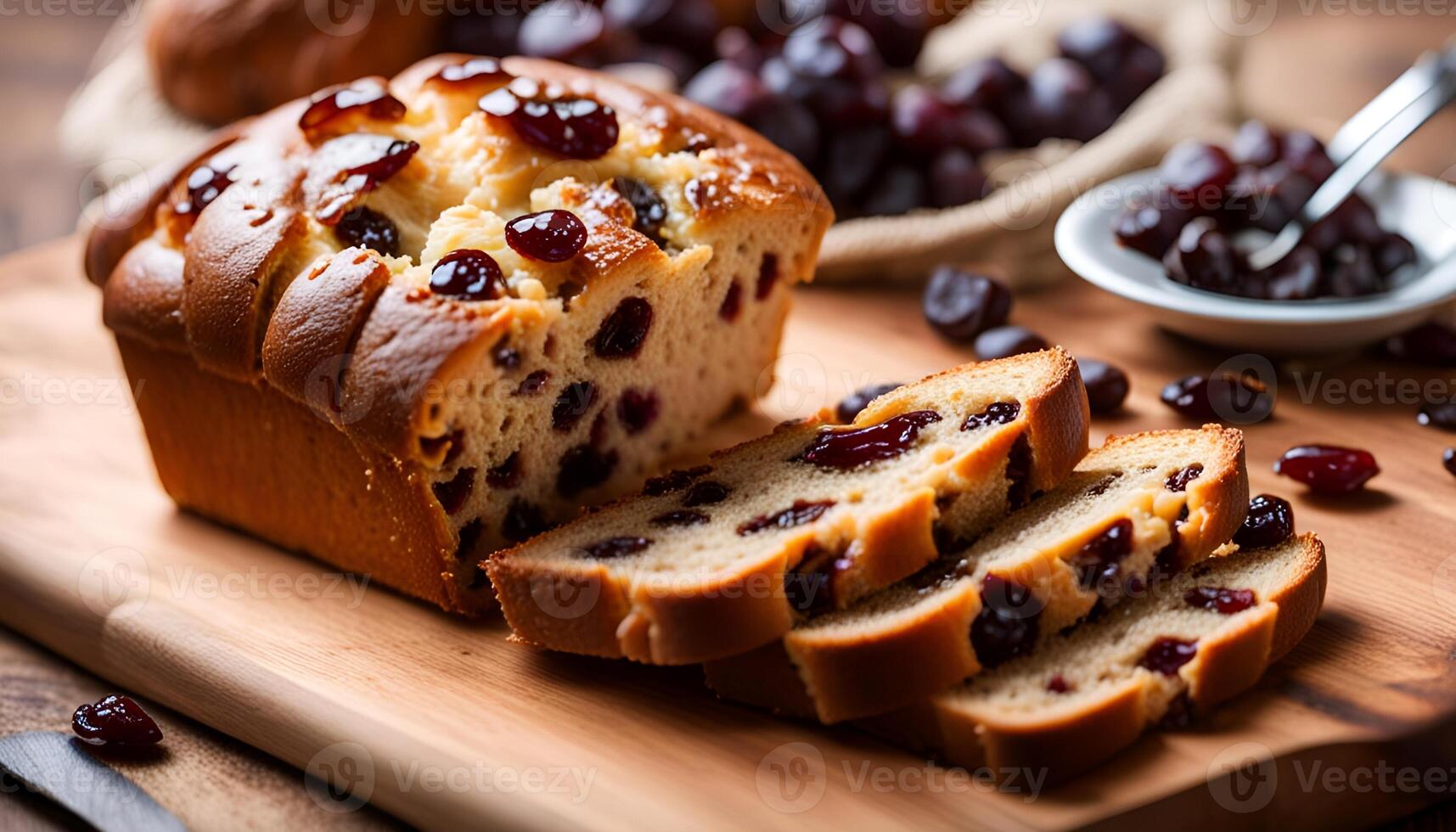 AI generated Raisin bread on a wooden table. photo