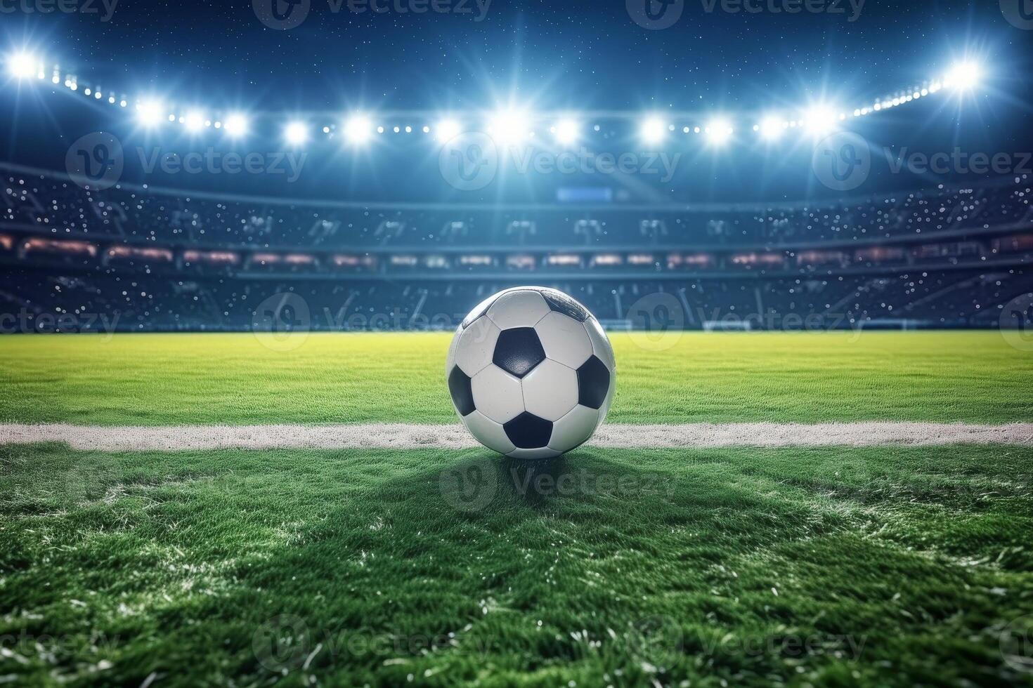 ai generado de cerca de fútbol pelota en el estadio en el noche luz, generativo ai foto