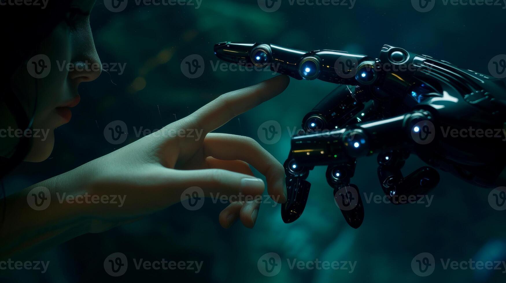 AI generated Robot finger making contact with human finger, Generative AI photo