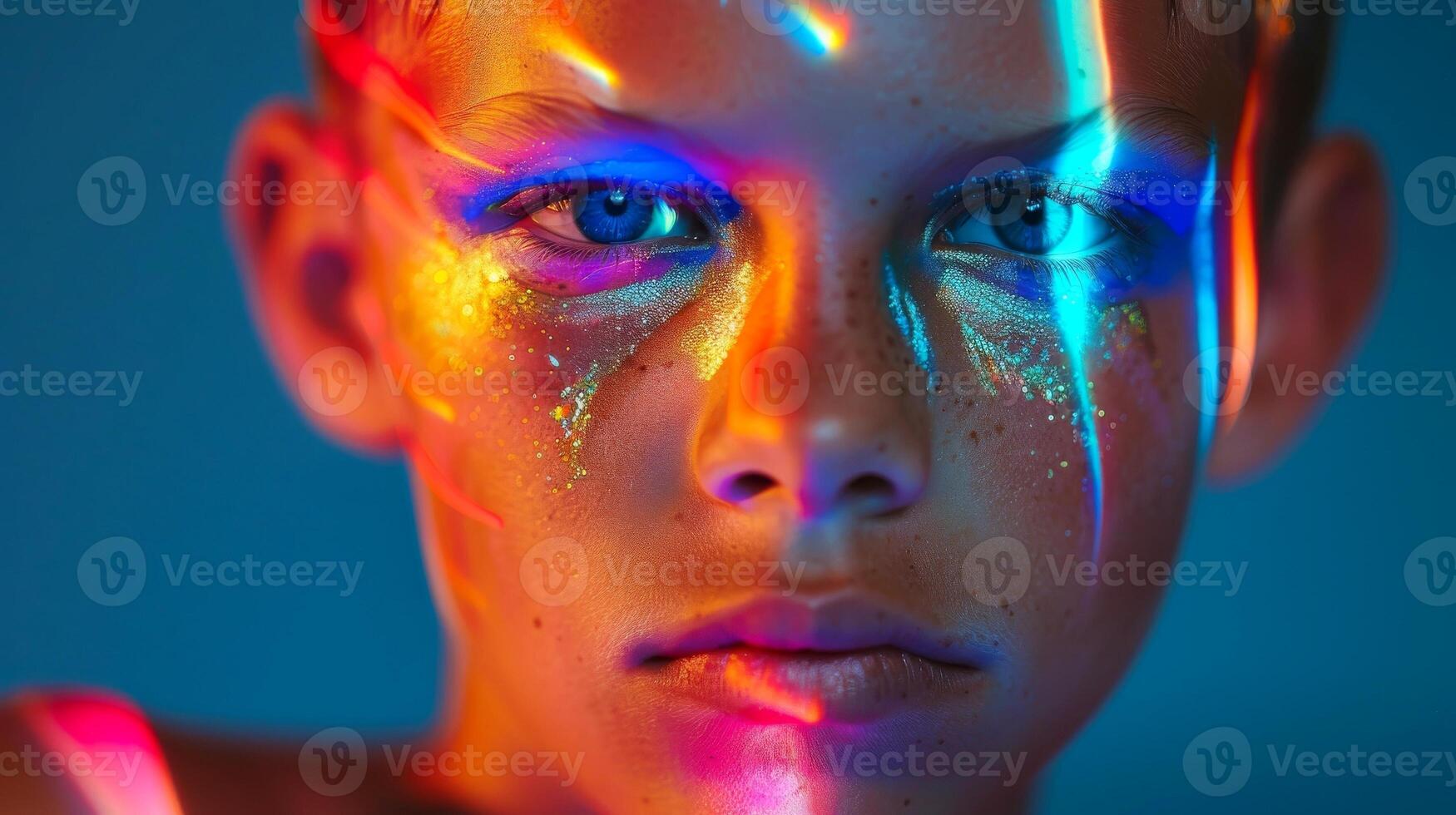 AI generated Close-up, Pretty face of a beautiful child boy with multi colors vivid makeup on minimal background, Generative AI photo
