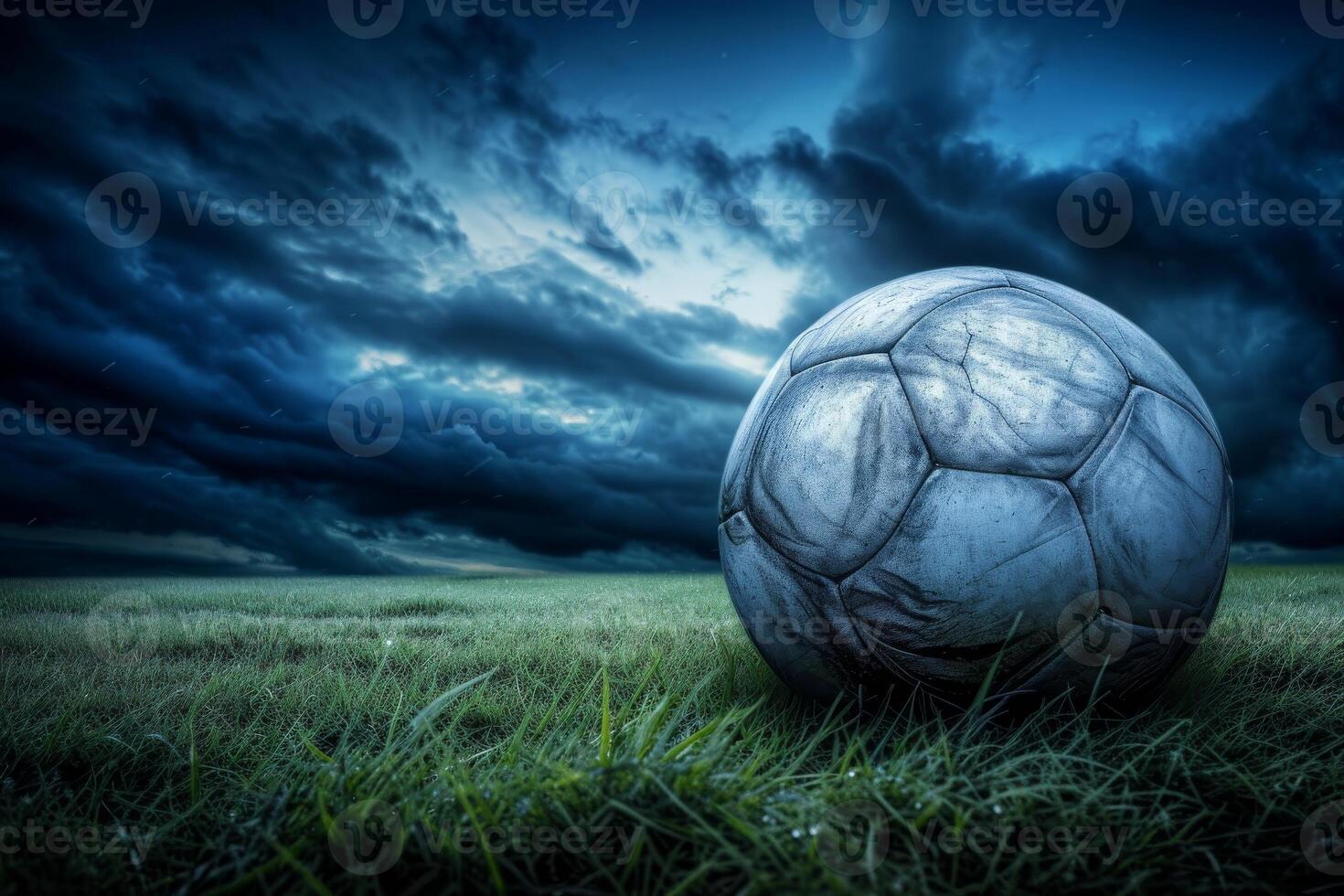 AI generated Close-up of old soccer ball in the stadium in the evening light, Generative AI photo