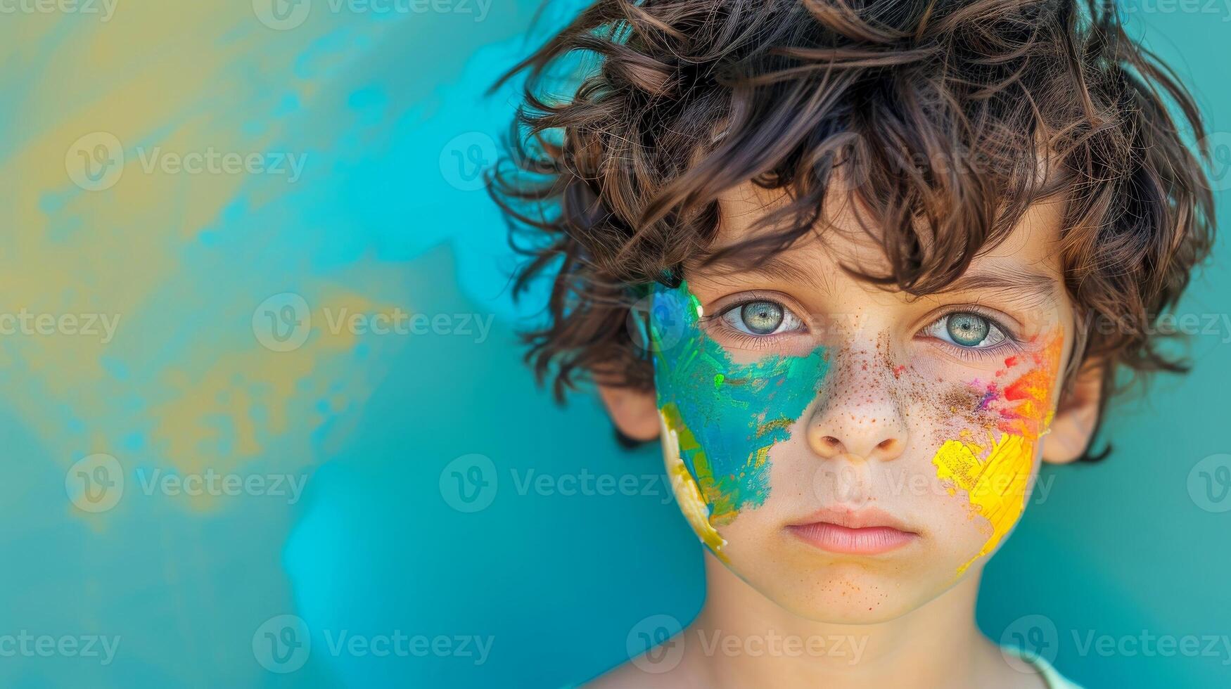 AI generated Close-up, Pretty face of a beautiful child boy with multi colors vivid makeup on minimal background, Generative AI photo