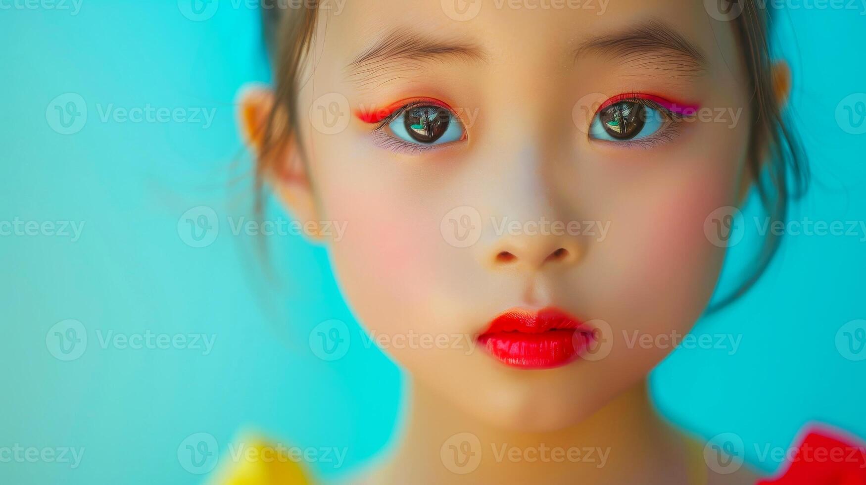 ai generado de cerca, bonito cara de un hermosa niño niña con multi colores vívido maquillaje en mínimo fondo, generativo ai foto