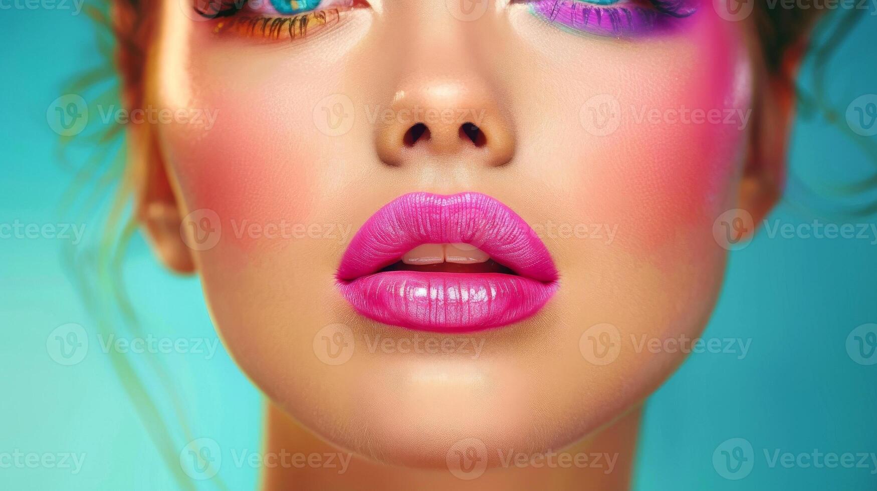 AI generated Close-up, Pretty face of a beautiful woman with multi colors vivid makeup on minimal background, Generative AI photo