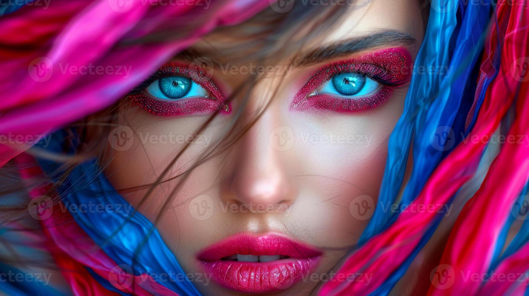 AI generated Close-up, Pretty face of a beautiful woman with multi colors vivid makeup on minimal background, Generative AI photo