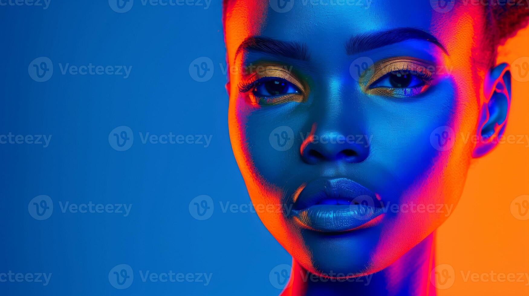 AI generated Close-up, Pretty face of a beautiful woman with multi colors vivid makeup on minimal background, Generative AI photo