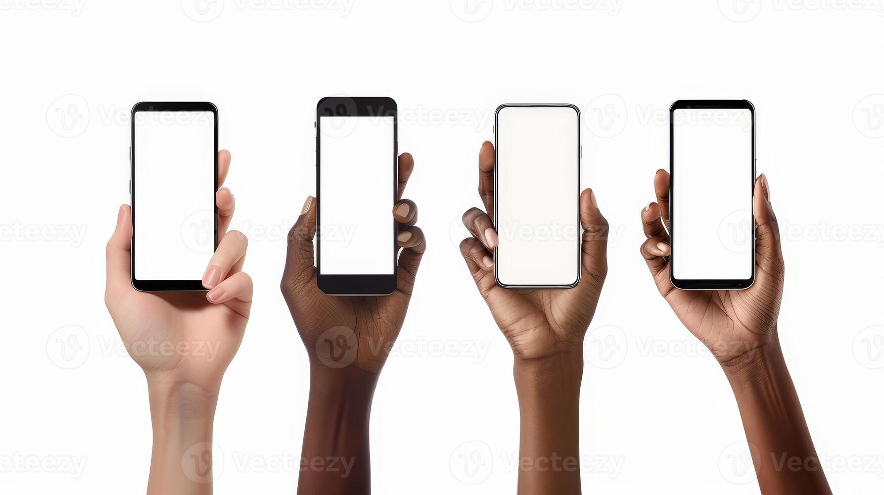 AI Generated Female hands holding smartphone with blank screen in different orientation isolated on white background, panorama, banner. Black woman on cellphone browsing the web, displaying free copy photo