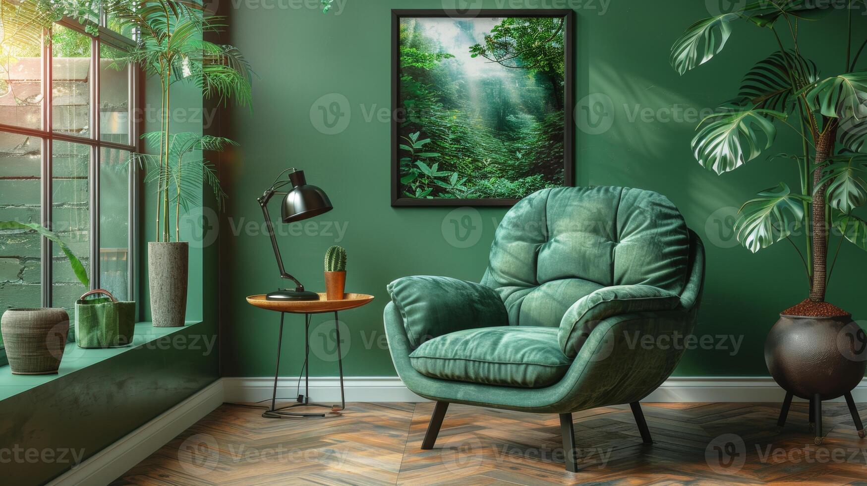 ai generado el antecedentes es un verde vivo habitación con un gris decorativo silla, un lámpara marco en el medio de el mesa, y un póster estilo gráfico. foto