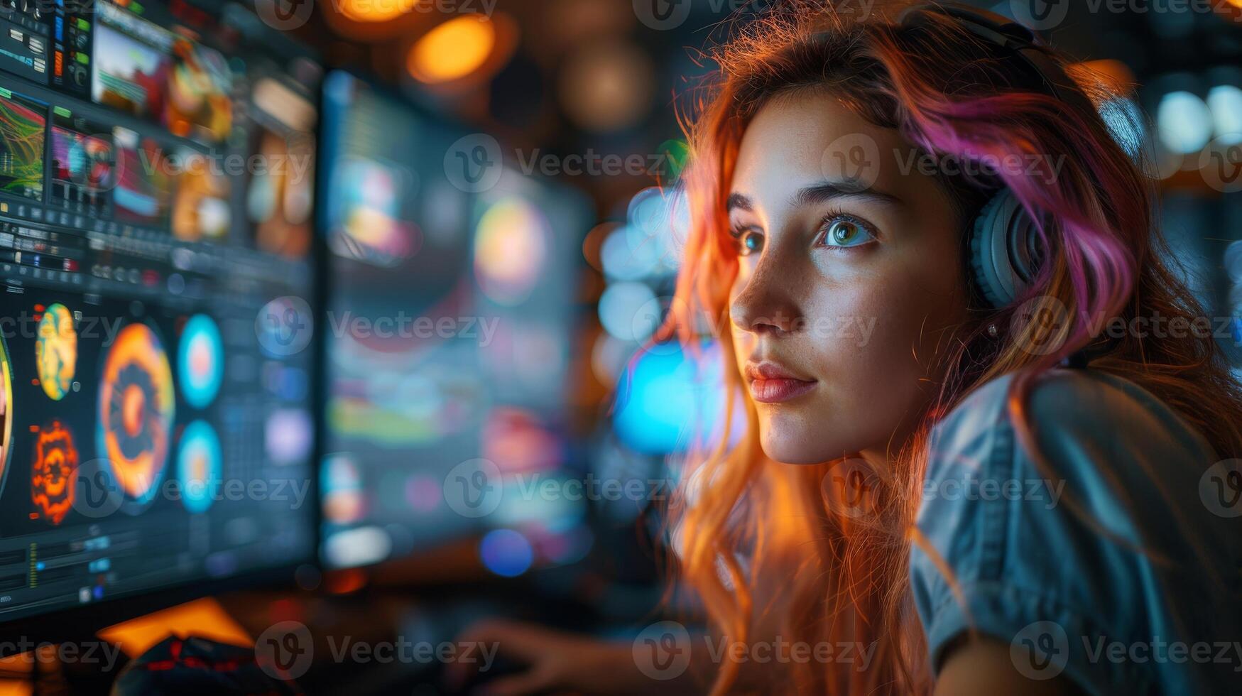 AI Generated An office table in which a female graphic designer works with a computer photo