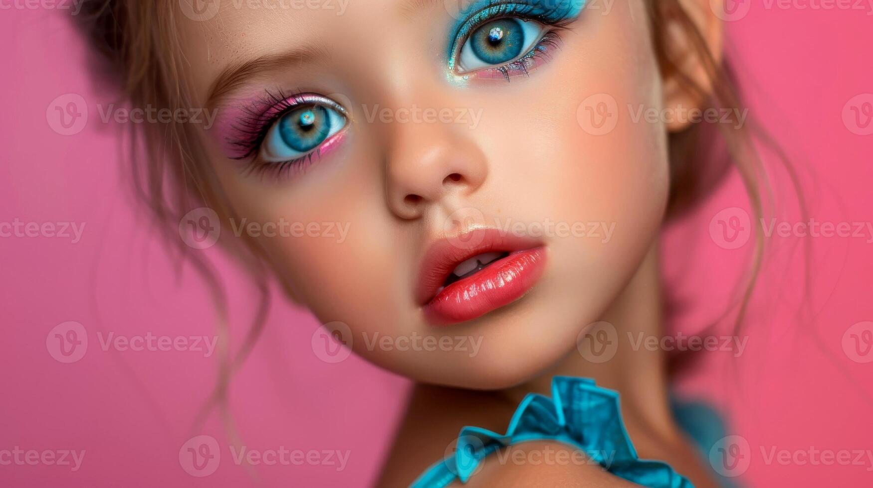 ai generado de cerca, bonito cara de un hermosa niño niña con multi colores vívido maquillaje en mínimo fondo, generativo ai foto