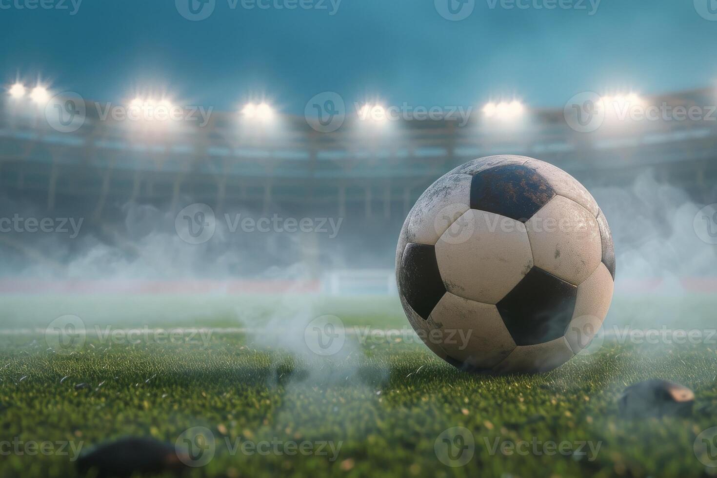 ai generado de cerca de antiguo fútbol pelota en el estadio en el noche luz, generativo ai foto