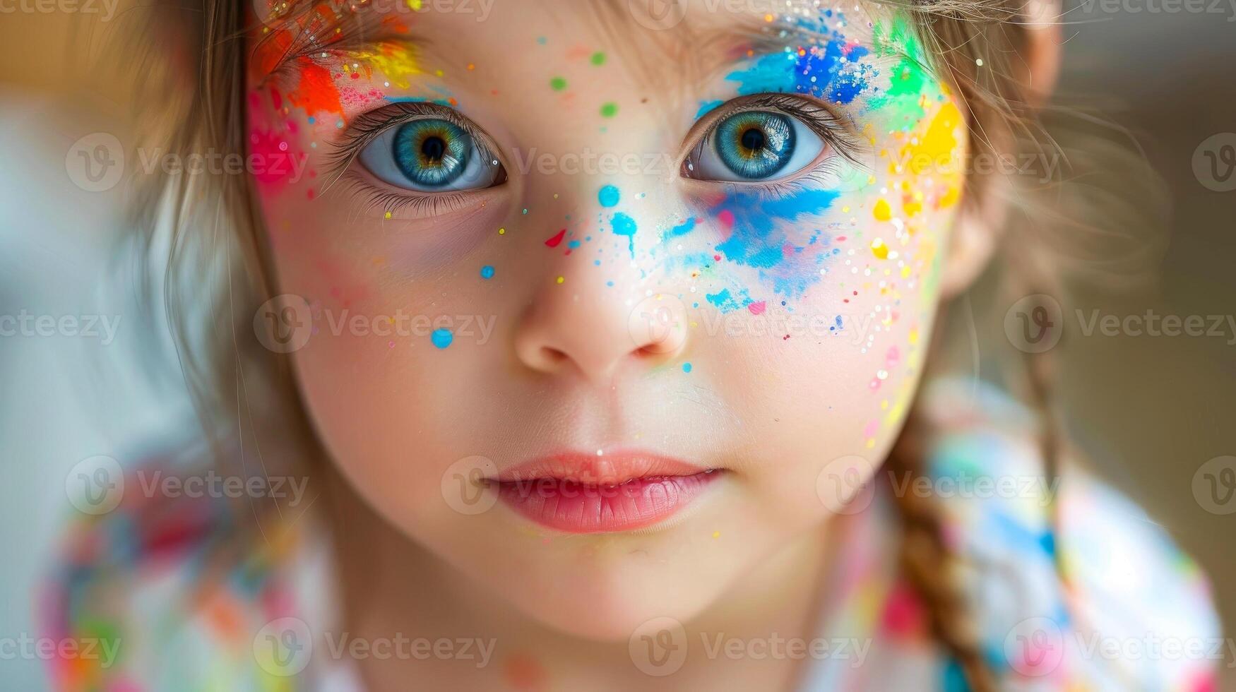 AI generated Close-up, Pretty face of a beautiful child girl with multi colors vivid makeup on minimal background, Generative AI photo