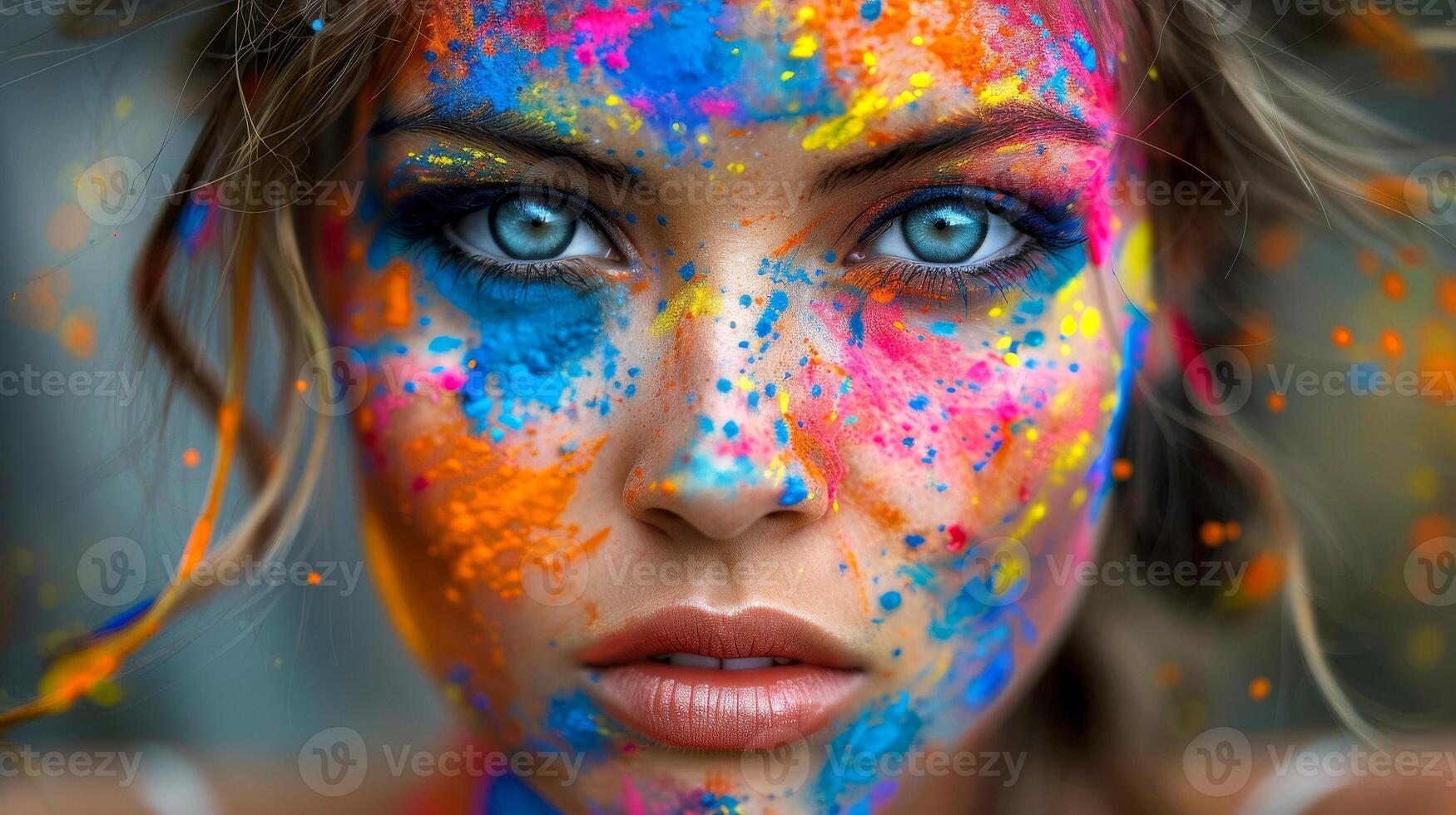 AI generated Close-up, Pretty face of a beautiful woman with multi colors vivid makeup on minimal background, Generative AI photo