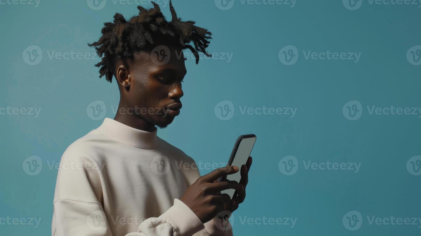 AI Generated Mockup for website or application with space for advertisement of handsome young Afro man using mobile phone while standing next to huge smartphone with empty screen in blue studio photo