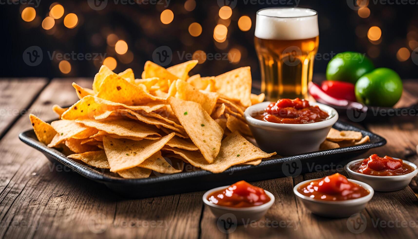 AI generated Mexican nachos chips with ketchup and beer photo