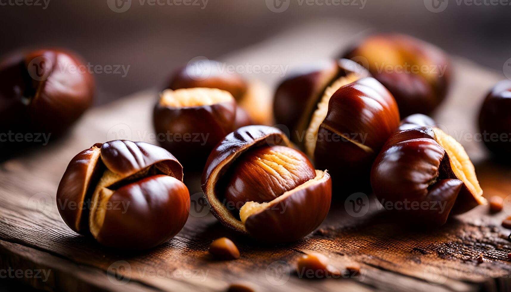 AI generated Roasted chestnuts on an old board. Selective focus. photo