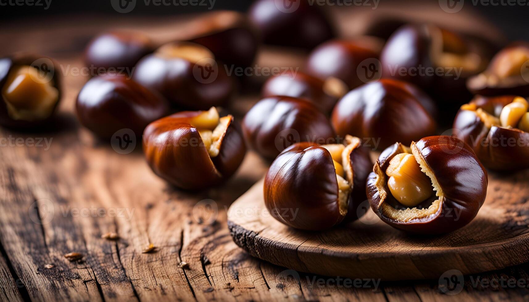 AI generated Roasted chestnuts on an old board. Selective focus. photo