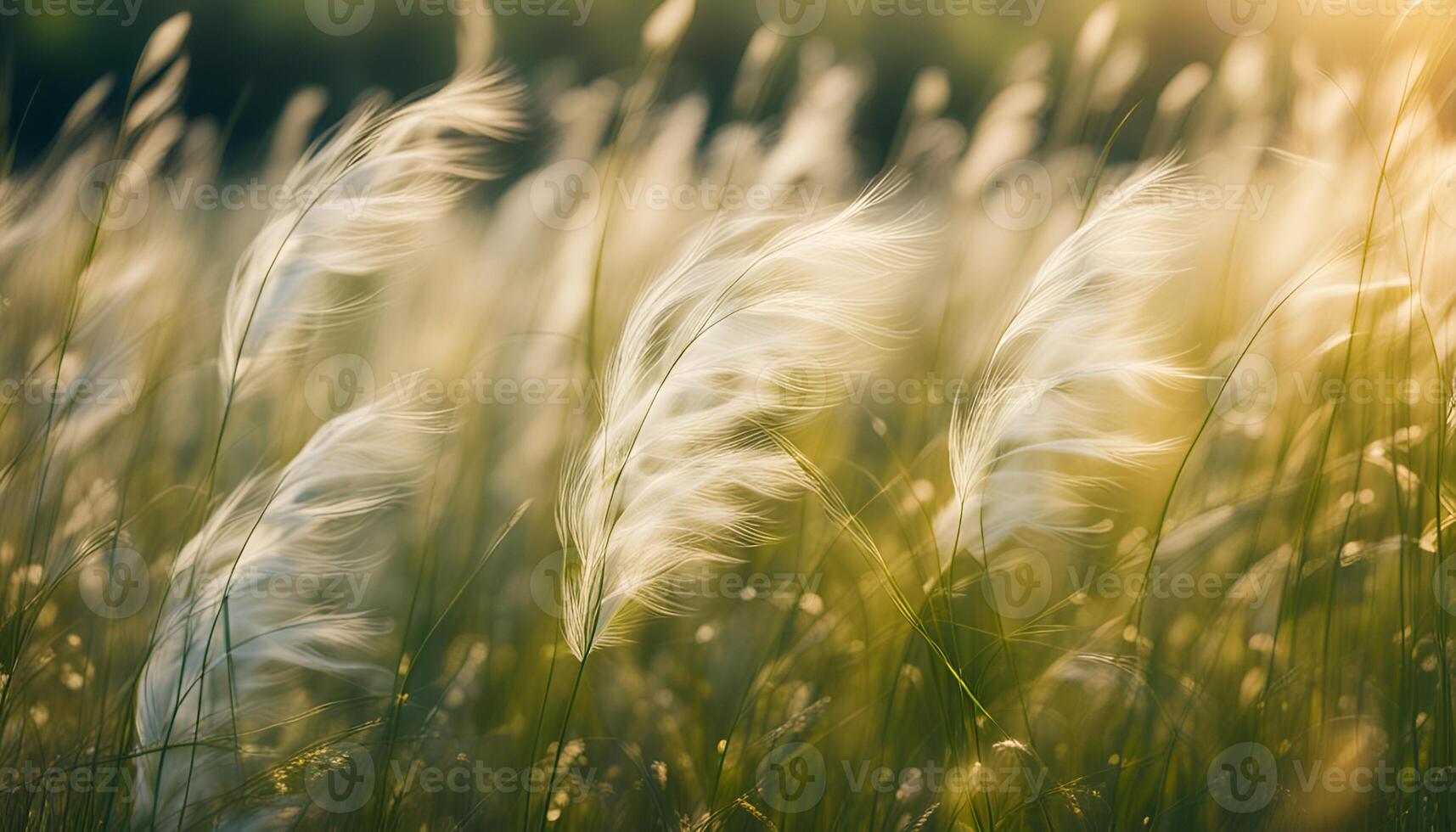 AI generated Feather grass on the summer meadow. Beautiful, magical, abstract background of grass in the summer meadow. Feather grass fluttering in the wind. photo