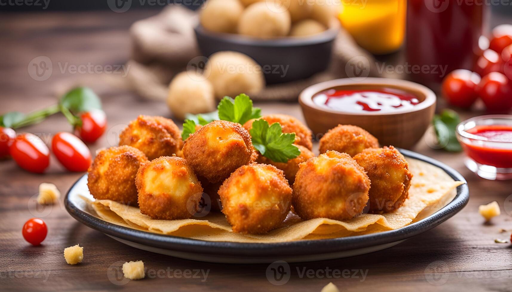 AI generated Deep fried cheese balls on plate and ketchup photo