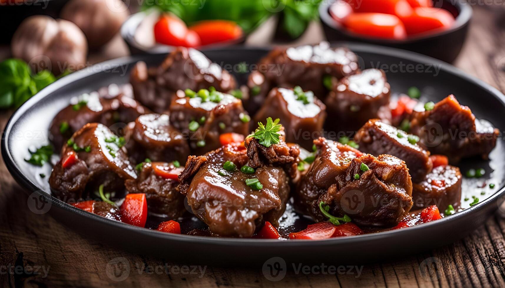 AI generated Baked chicken hearts and liver with pepper photo