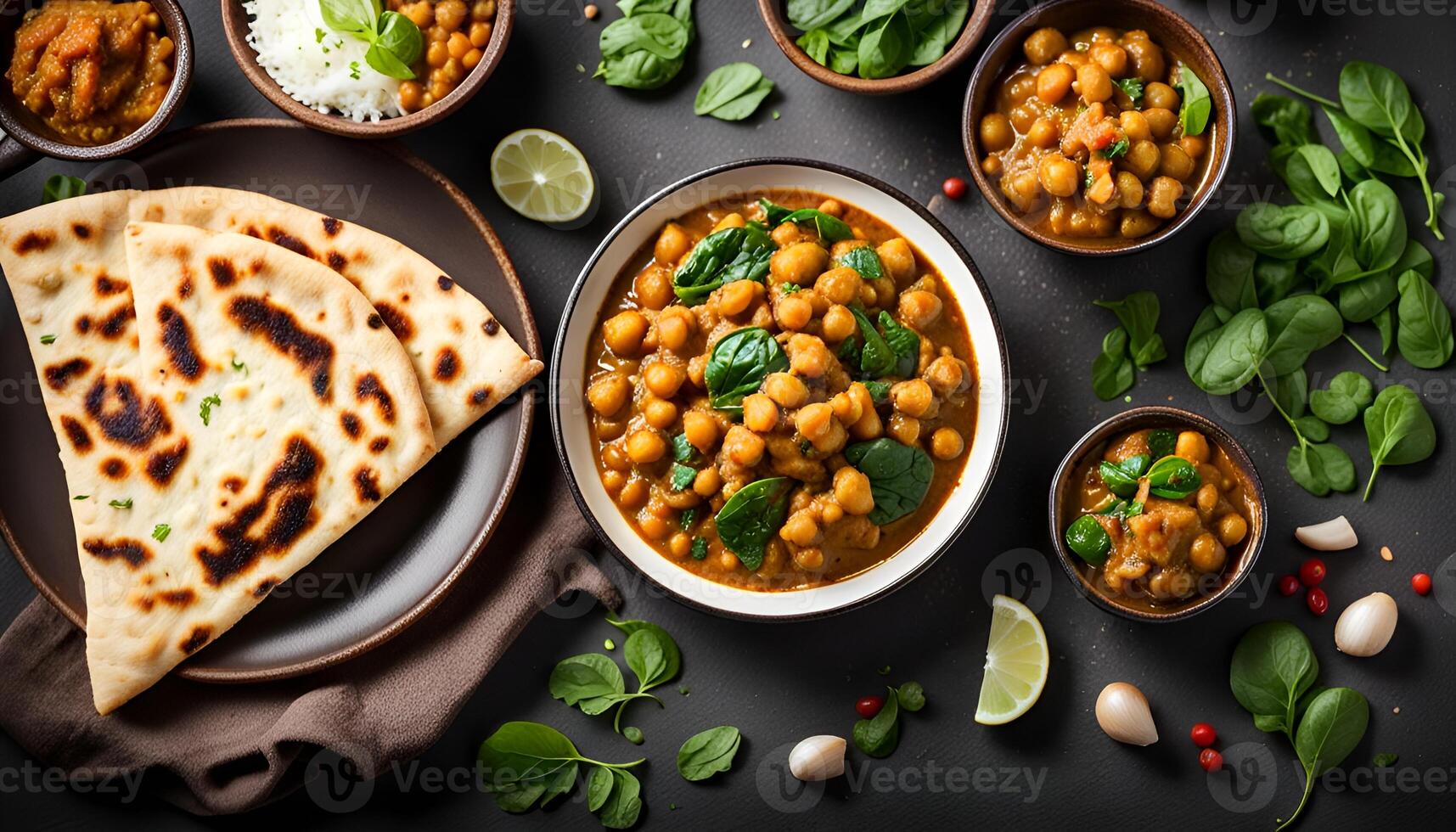 AI generated Vegetarian chickpea, spinach, potato curry plate and naan flatbread on white background, top view. Indian healthy food photo