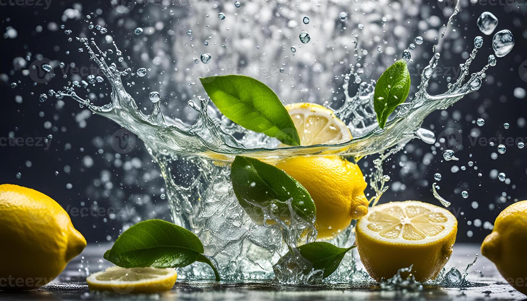 AI generated Water splashing on lemons and green tea leaf photo