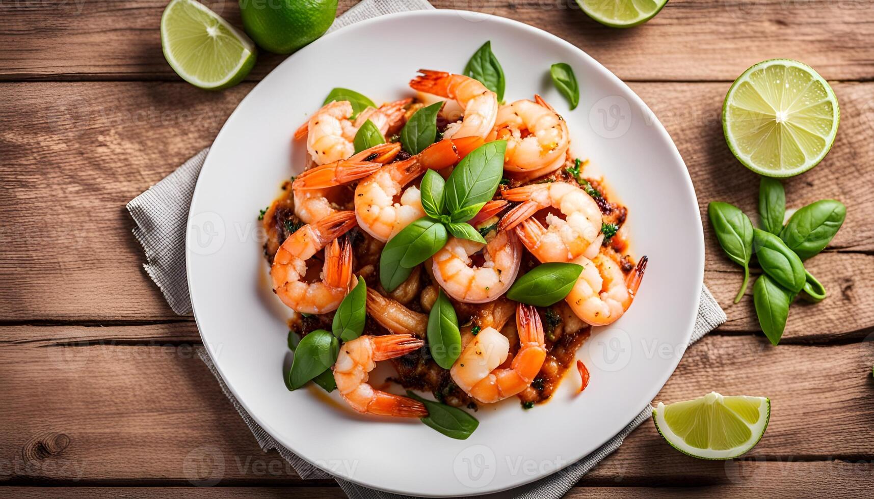 AI generated Thai stir fried prawns with onion, ginger, basil and lime. Fried shrimp in a white plate on a wooden surface. photo