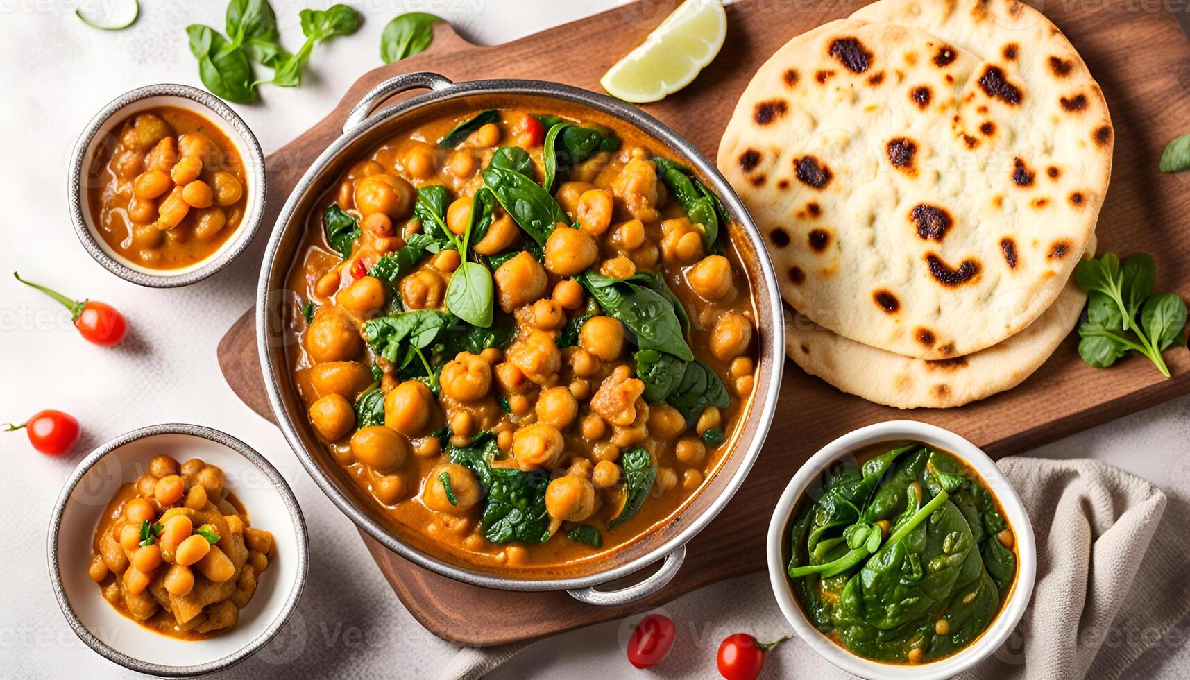 AI generated Vegetarian chickpea, spinach, potato curry plate and naan flatbread on white background, top view. Indian healthy food photo