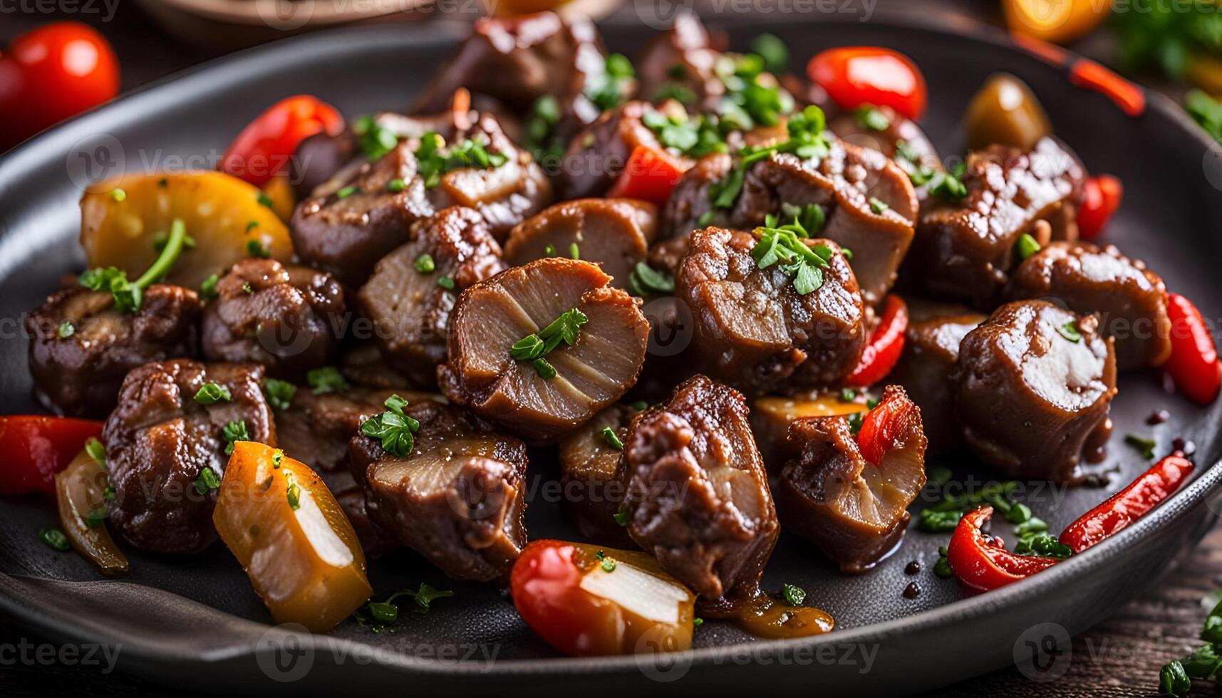 AI generated Baked chicken hearts and liver with pepper photo