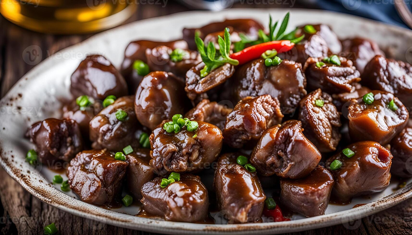 AI generated Baked chicken hearts and liver with pepper photo