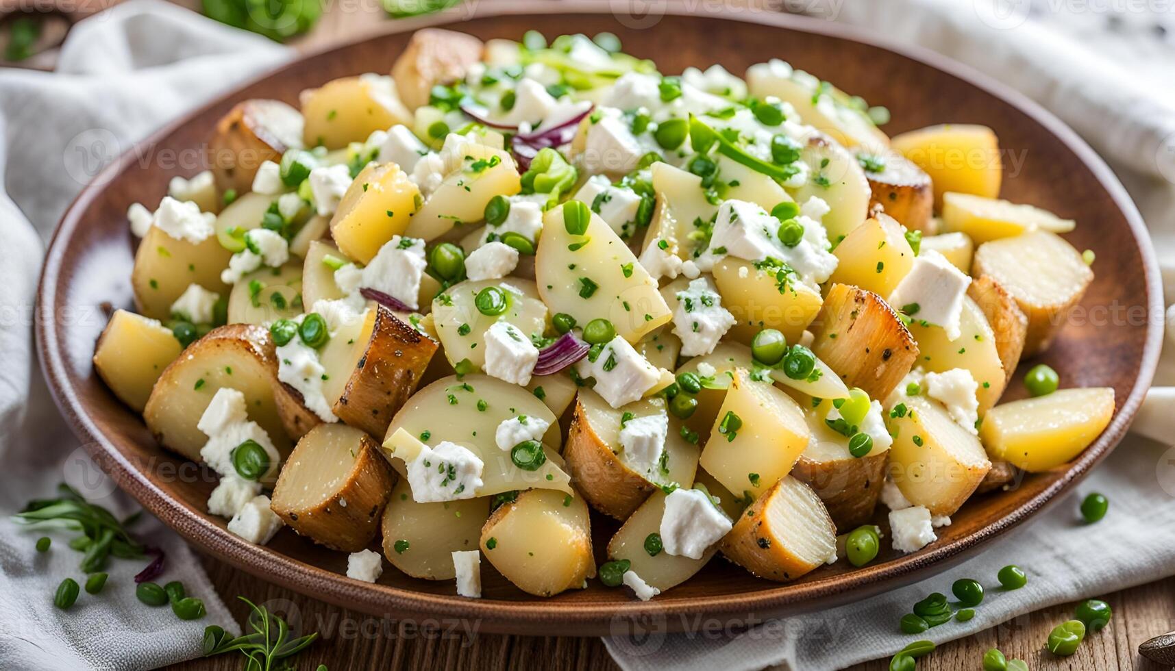 AI generated Homemade chunky potato salad with spring onions scallion, lemon zest, pepper, feta cheese and mustard yogurt sauce photo