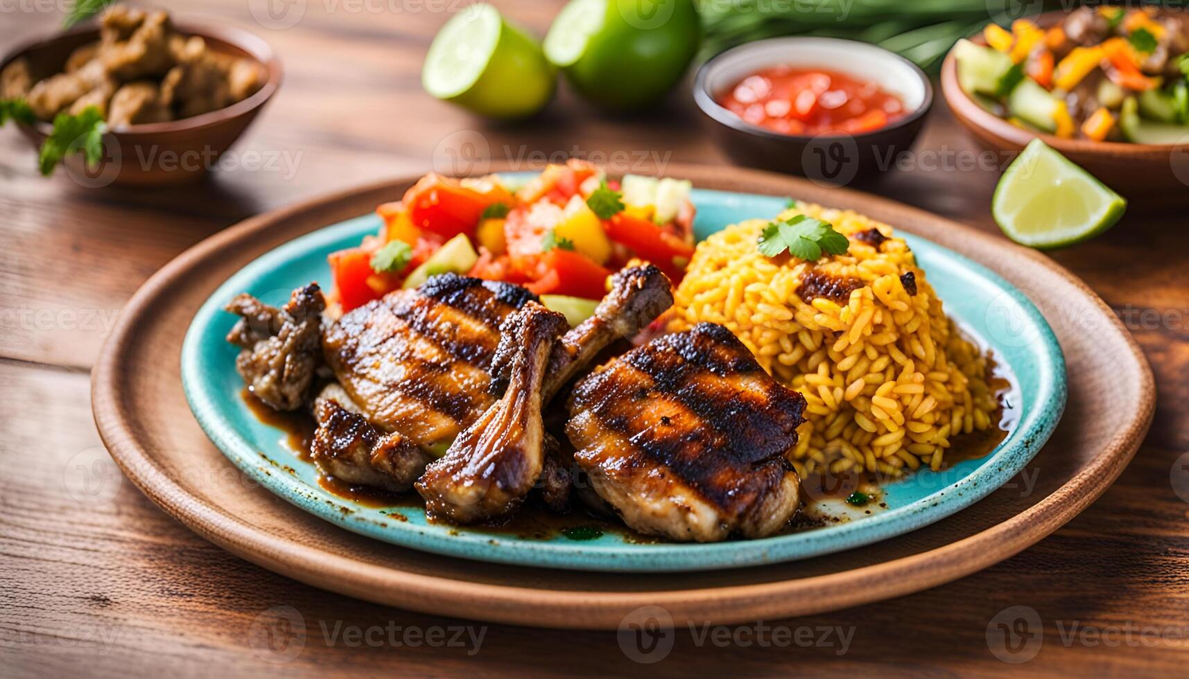 AI generated jerk chicken plate, jamaican food photo