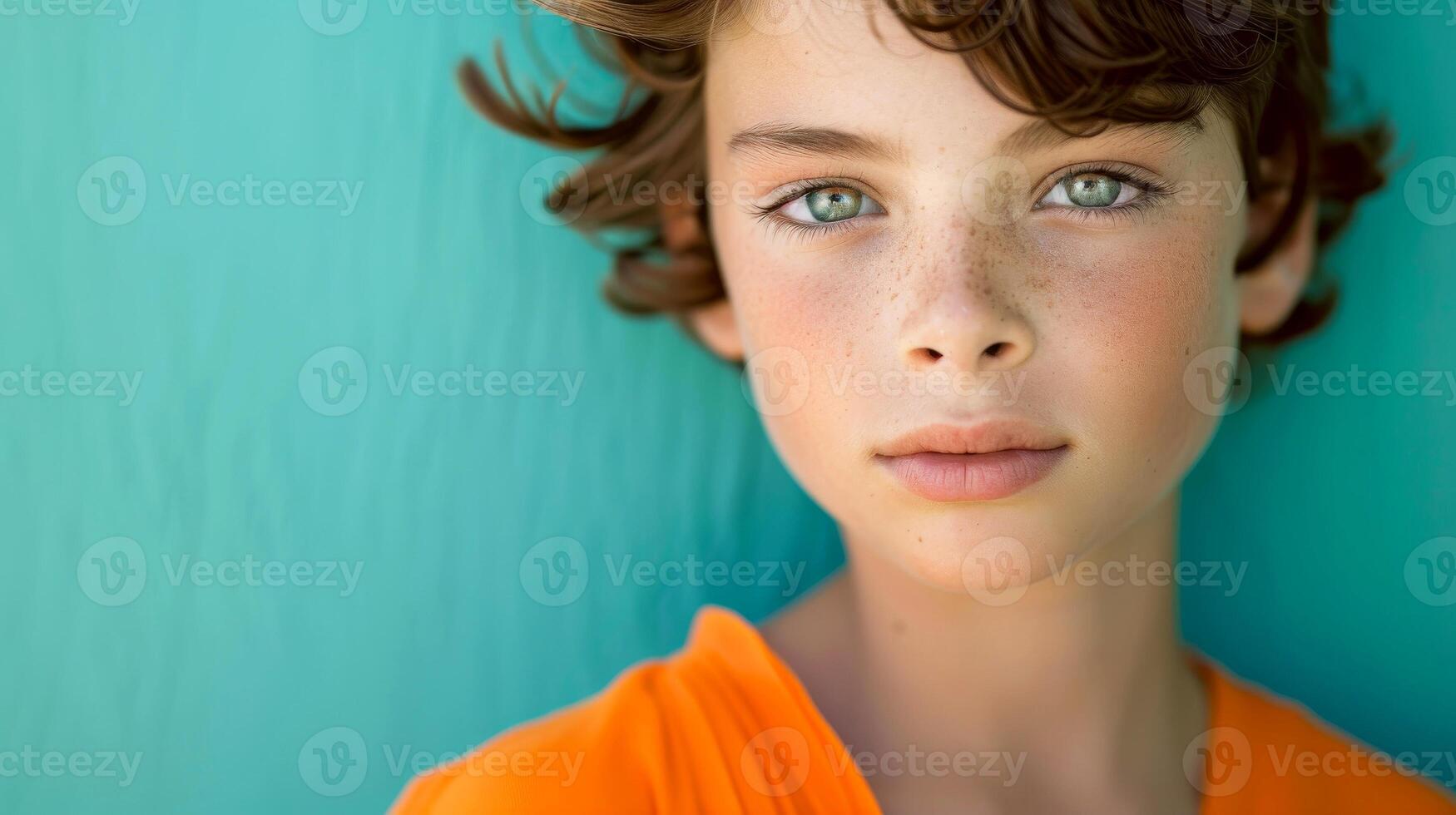 AI generated Close-up, Pretty face of a beautiful child boy with multi colors vivid makeup on minimal background, Generative AI photo