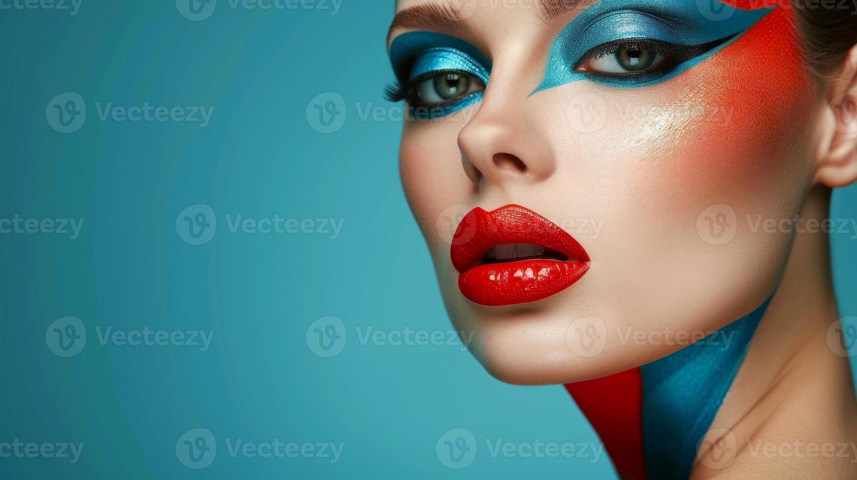 AI generated Close-up, Pretty face of a beautiful woman with multi colors vivid makeup on minimal background, Generative AI photo