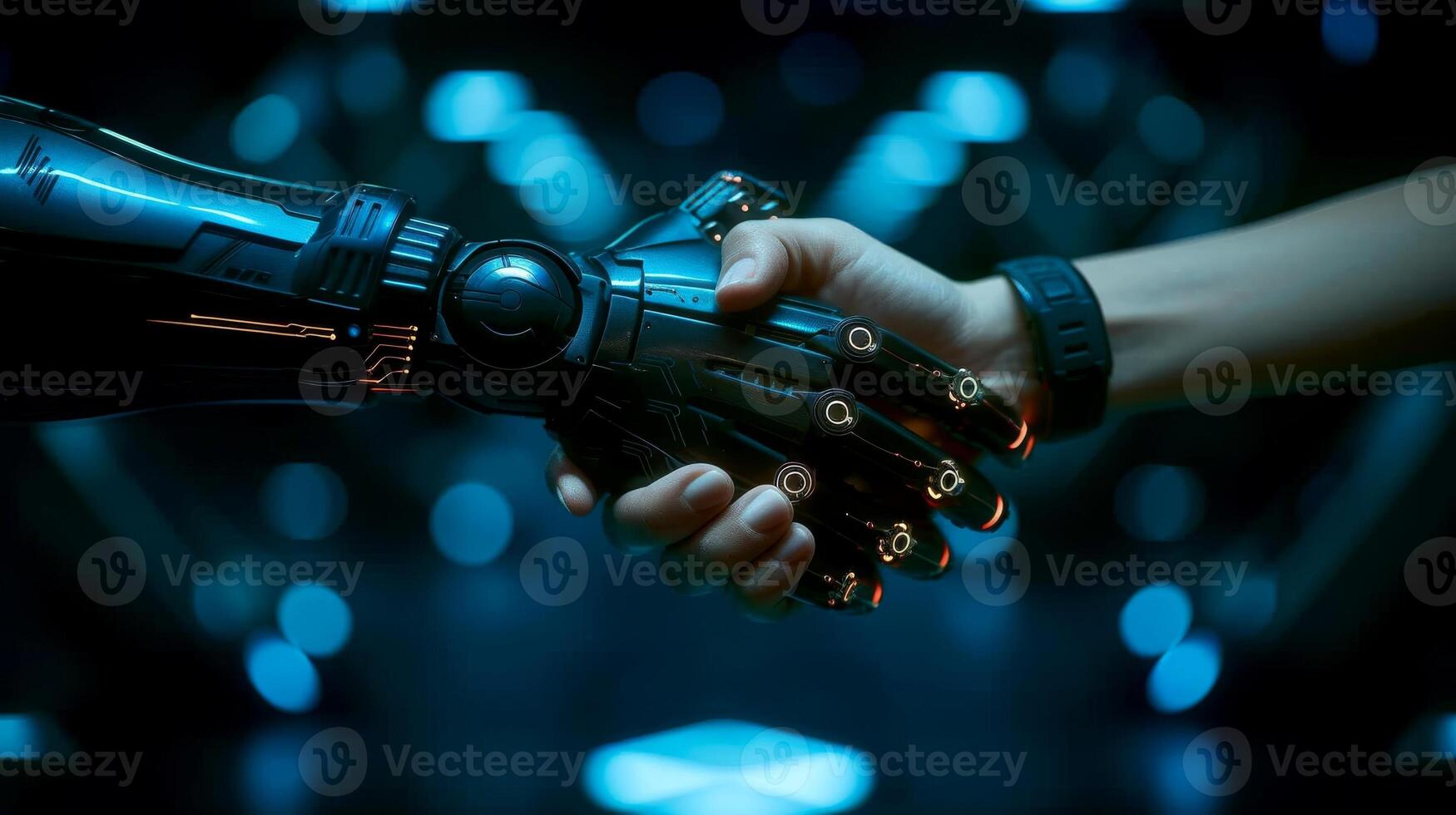 ai generado robot apretón de manos con humano, futuro negocio camaradería concepto, generativo ai foto