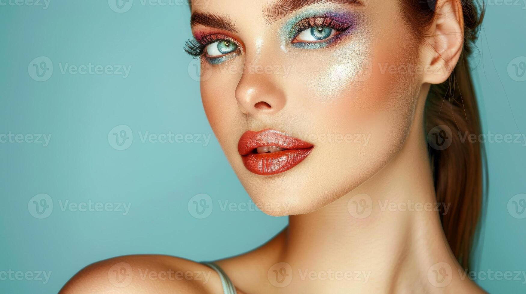 AI generated Close-up, Pretty face of a beautiful woman with multi colors vivid makeup on minimal background, Generative AI photo