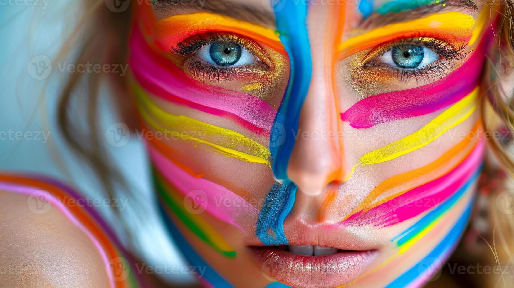 AI generated Close-up, Pretty face of a beautiful woman with multi colors vivid makeup on minimal background, Generative AI photo