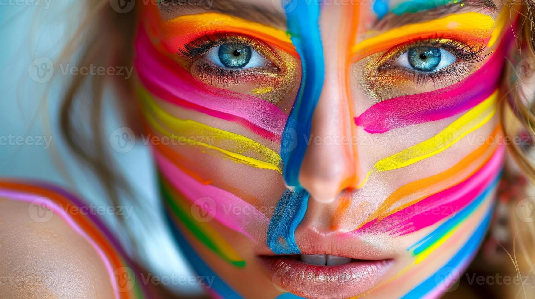 ai generado de cerca, bonito cara de un hermosa mujer con multi colores vívido maquillaje en mínimo fondo, generativo ai foto