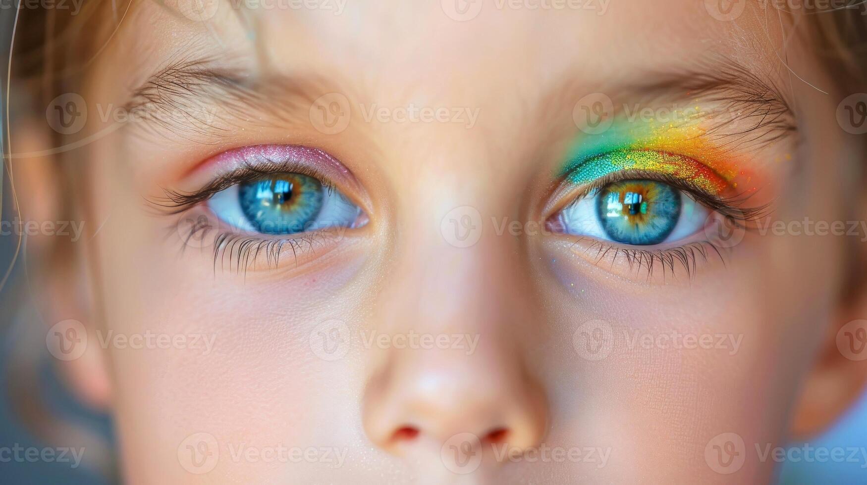 AI generated Close-up, Pretty face of a beautiful child girl with multi colors vivid makeup on minimal background, Generative AI photo