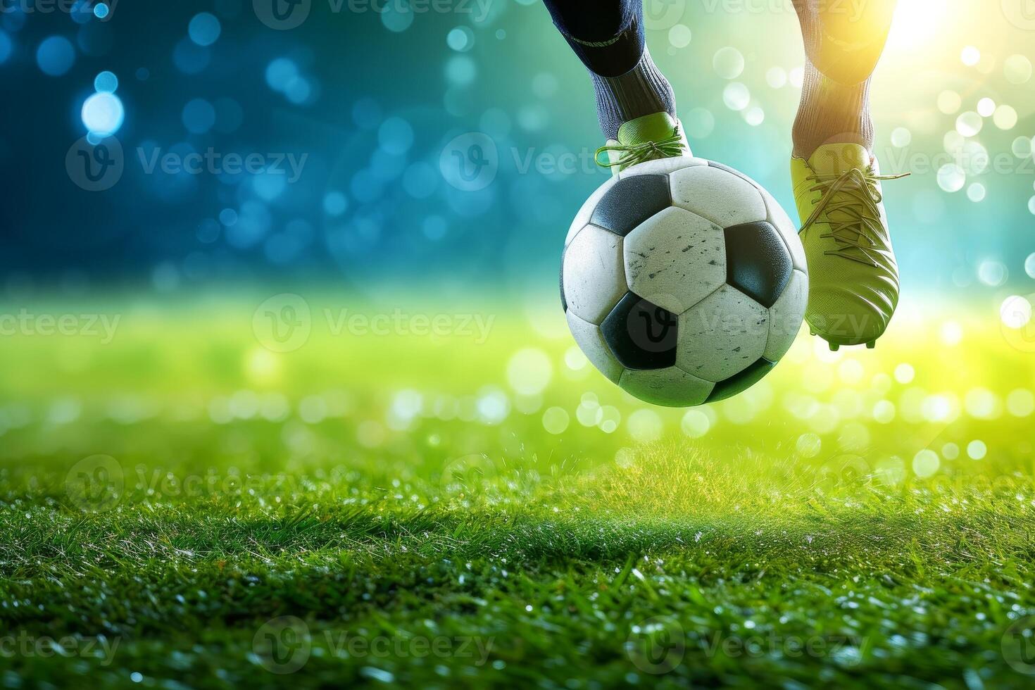 AI generated Close-up,The striker shows off dribbling skills in stadium, Generative AI photo