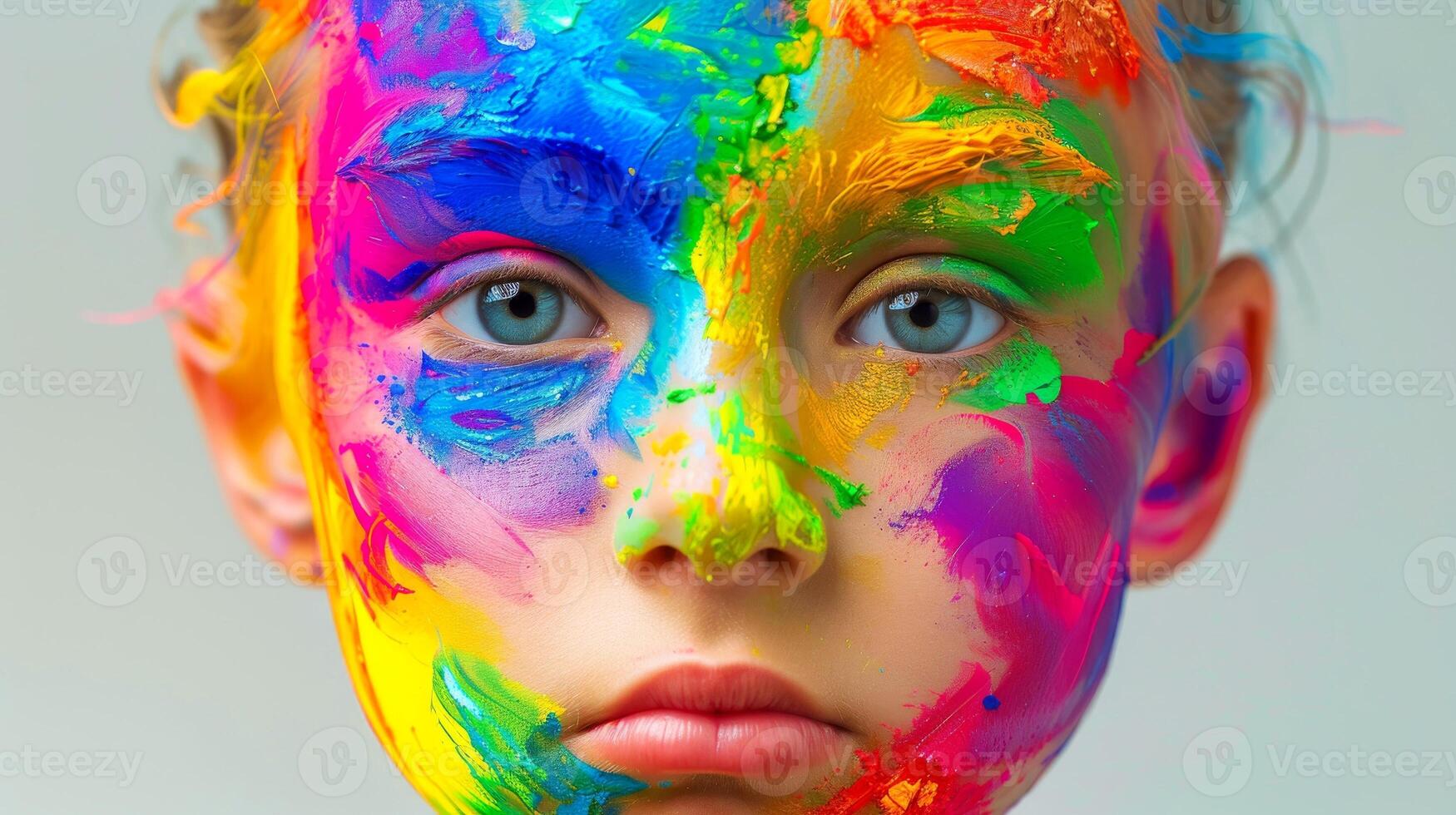 AI generated Close-up, Pretty face of a beautiful child boy with multi colors vivid makeup on minimal background, Generative AI photo