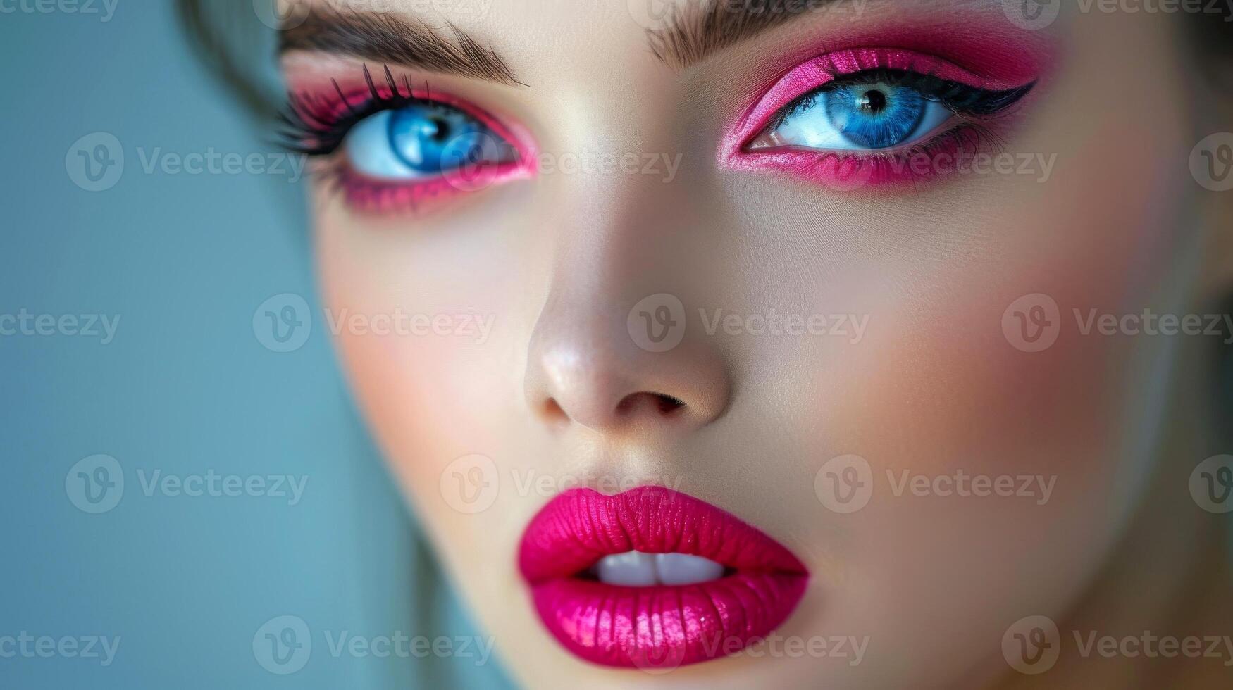 AI generated Close-up, Pretty face of a beautiful woman with multi colors vivid makeup on minimal background, Generative AI photo