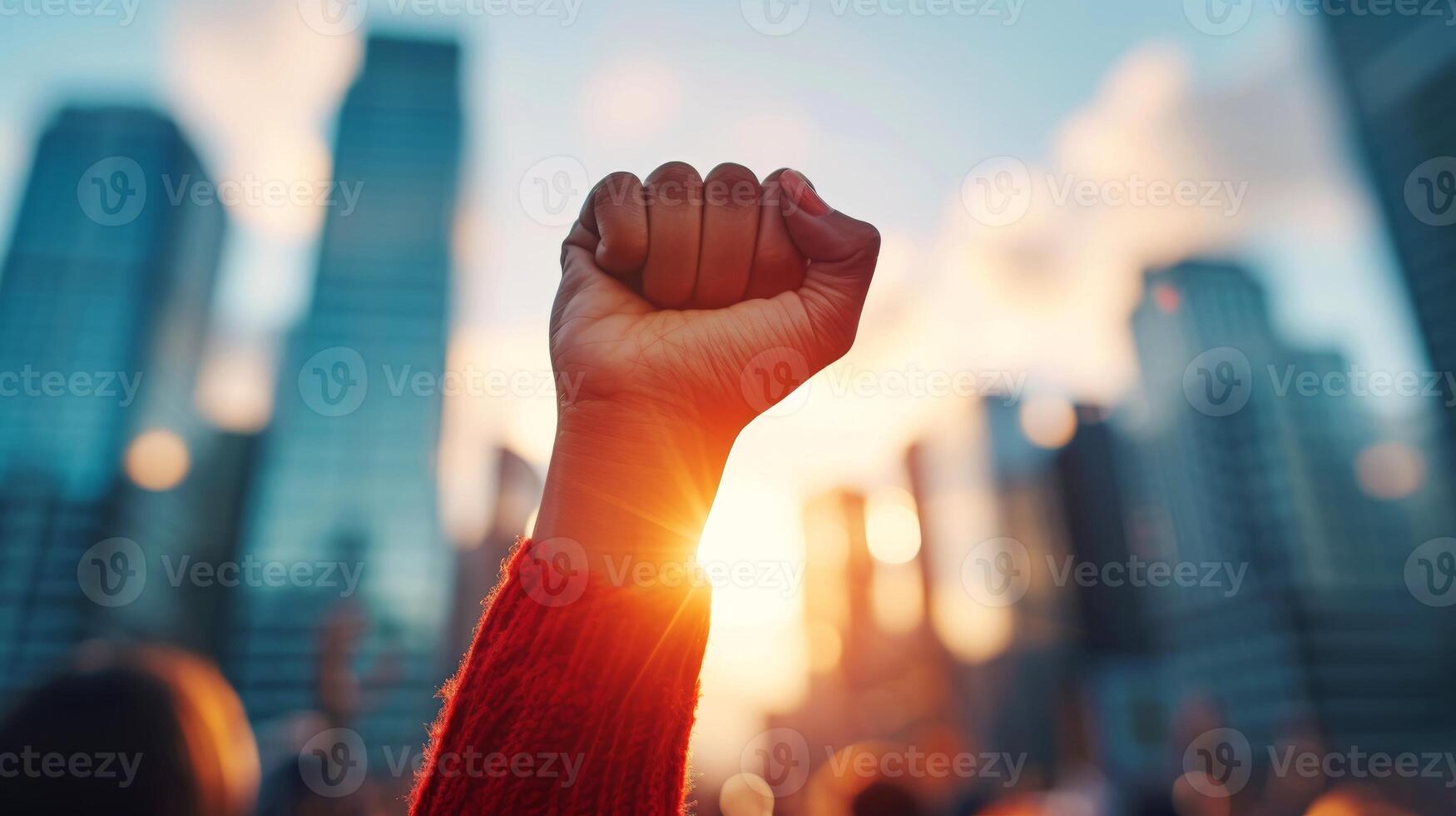 AI generated Close-up, Human raises their right hand displaying the symbol for Women Day awareness, Generative AI photo
