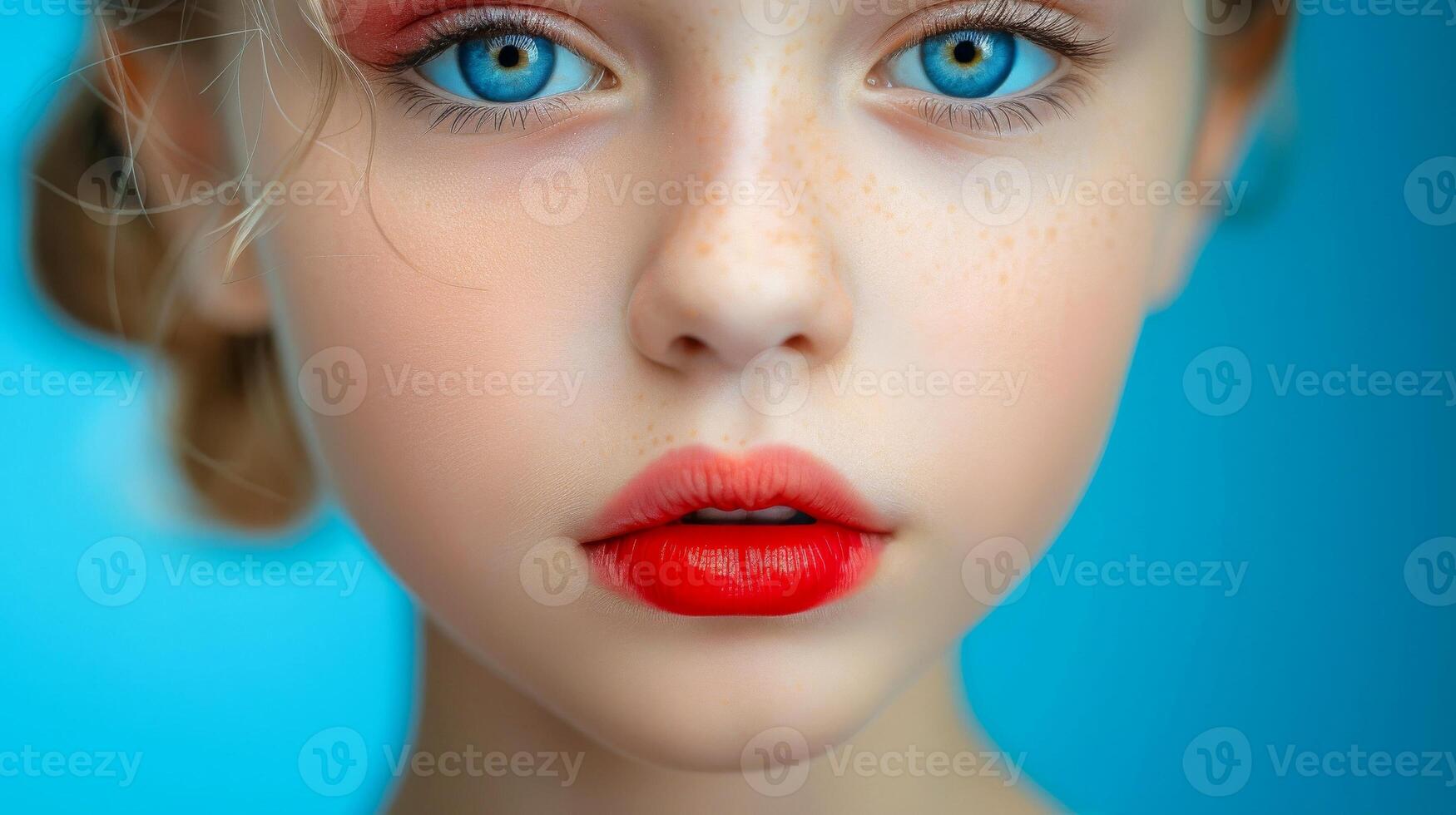 AI generated Close-up, Pretty face of a beautiful child girl with multi colors vivid makeup on minimal background, Generative AI photo
