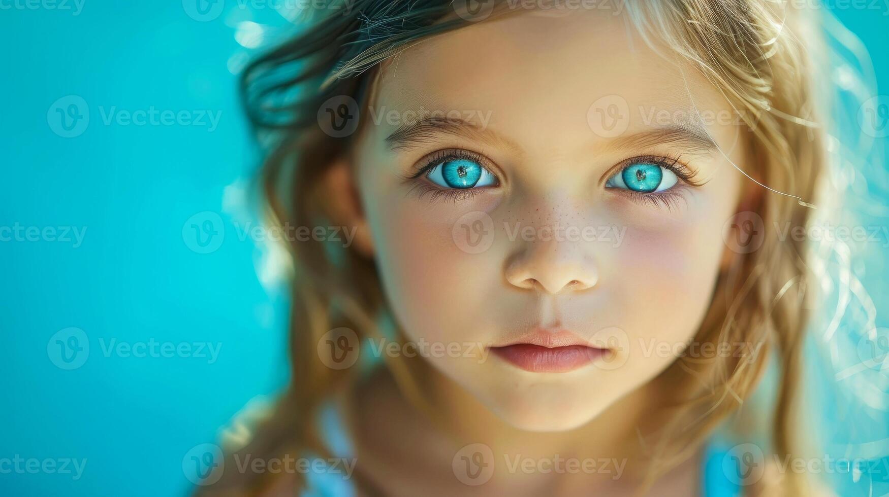 AI generated Close-up, Pretty face of a beautiful child girl with multi colors vivid makeup on minimal background, Generative AI photo