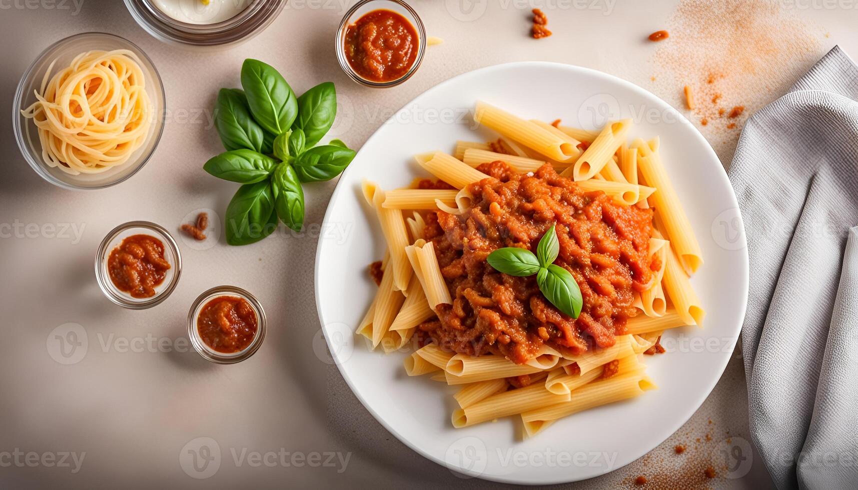 AI generated Pasta Penne Bolognese in white plate on light background. photo
