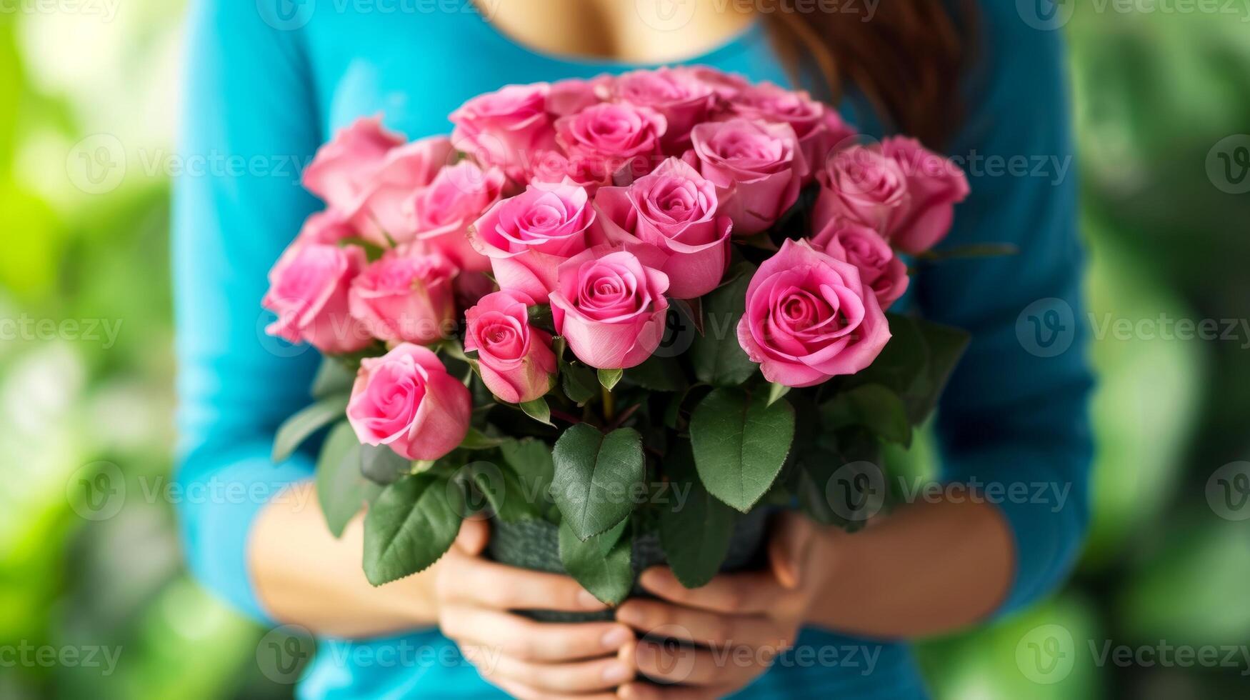 AI generated Close-up, woman holding pink bouquet is displaying the symbol for Women Day awareness, Generative AI photo