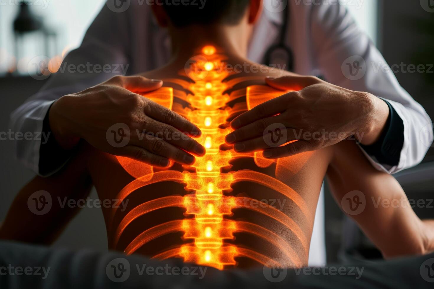 AI generated Close-up, Doctor massaging patient back, back pain physiotherapy, Generative AI photo