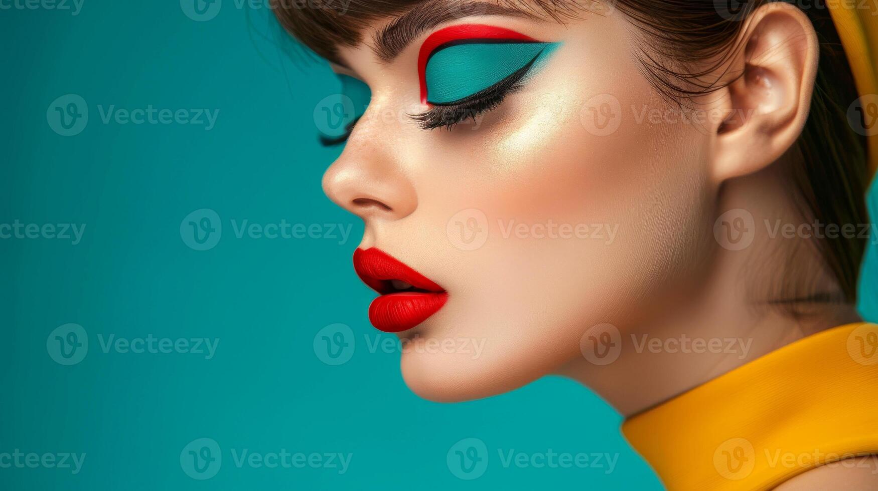 AI generated Close-up, Pretty face of a beautiful woman with multi colors vivid makeup on minimal background, Generative AI photo
